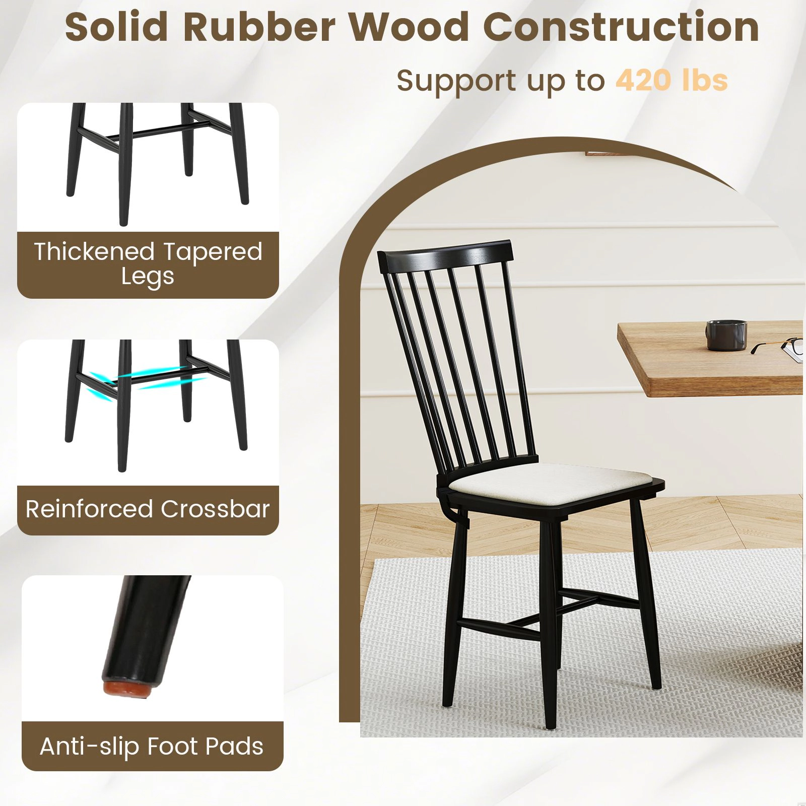 SlickBlue Farmhouse Windsor Chairs, Spindle Back, Rubber Wood Frame