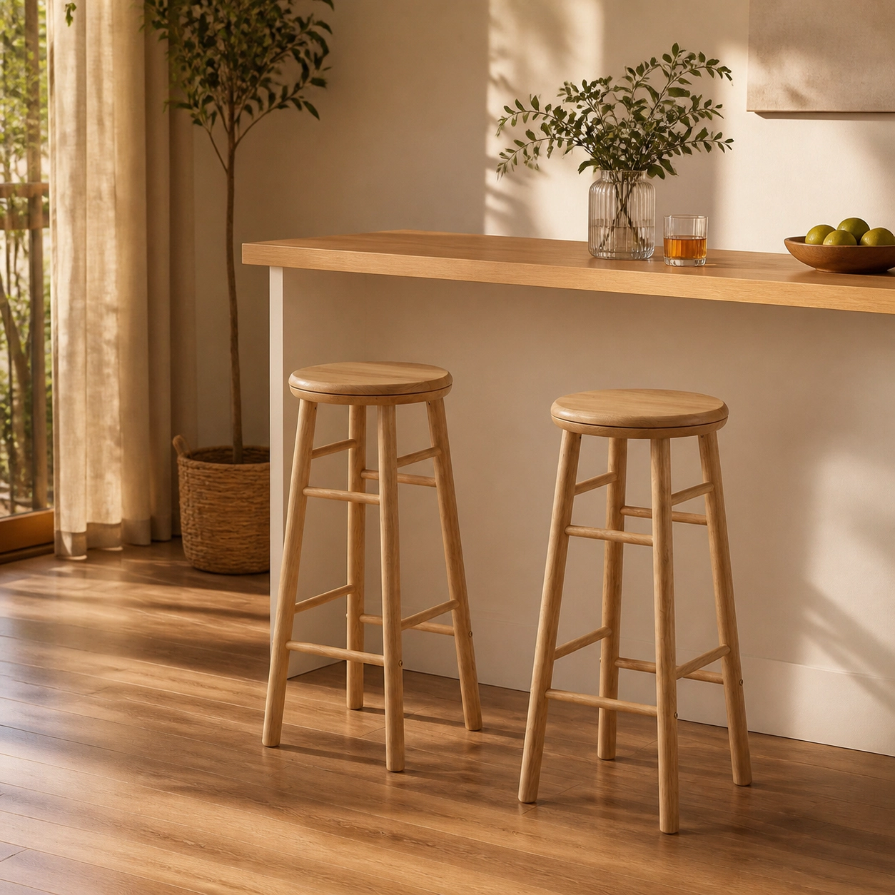 SUGIFT Set of 2 Natural Rubber Wood Swivel Counter-Height Bar Stools, 29-Inch Round Seats