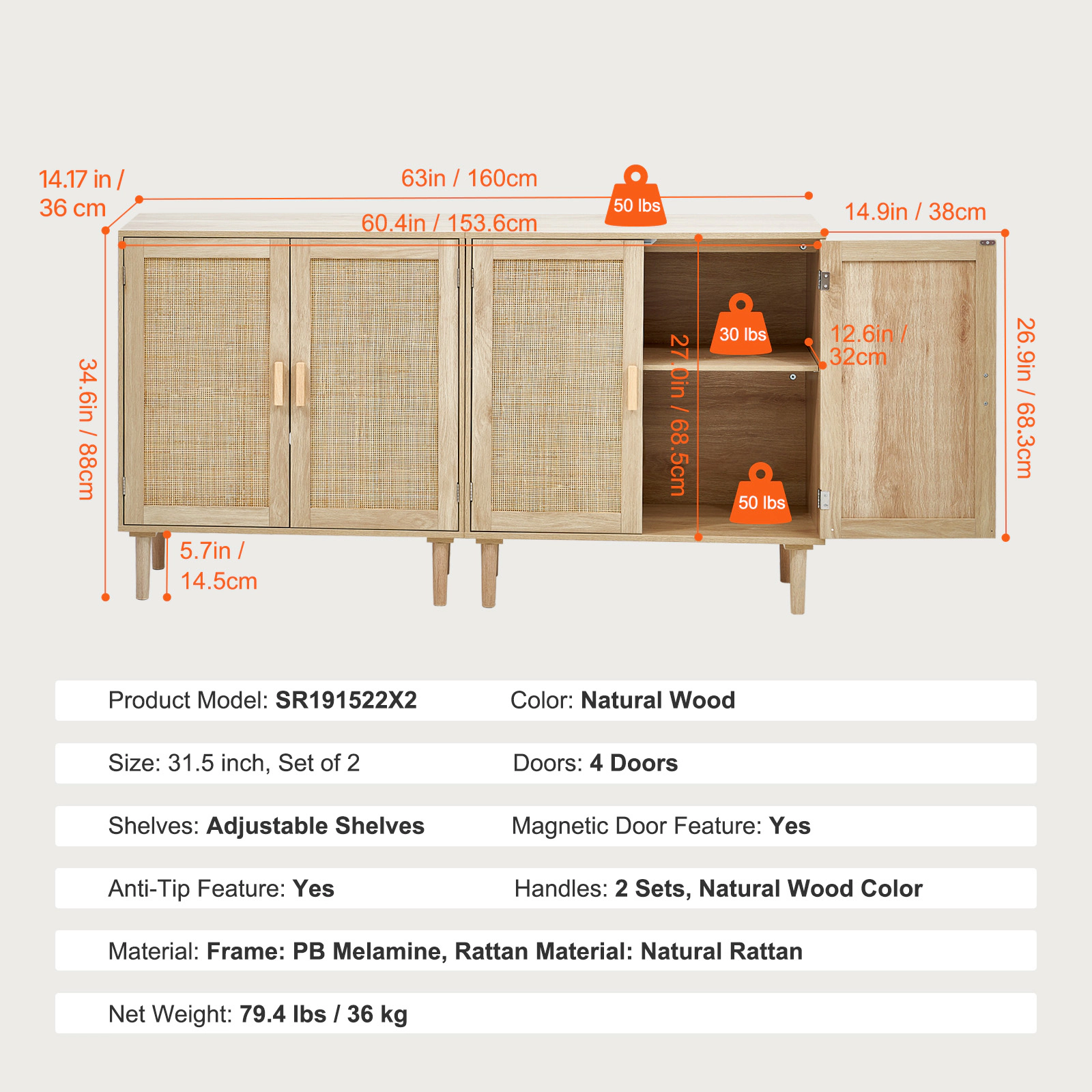 HONGGE Rattan Cabinet Rattan Storage Cabinet with Magnetic Doors and Adjustable Shelves Sideboard Buffet Cabinet for