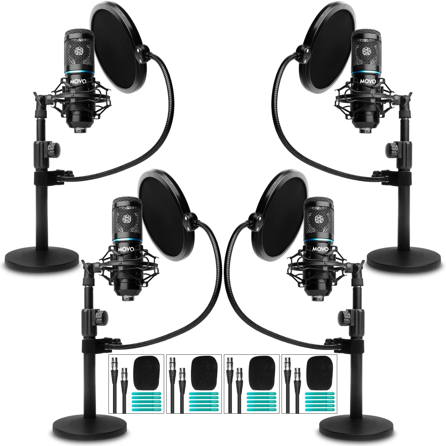 Movo PodPak4T 4-Pack Universal XLR Podcast Microphone Bundle- Includes 4 Cardioid Condenser Mics, Desktop Mic Stands