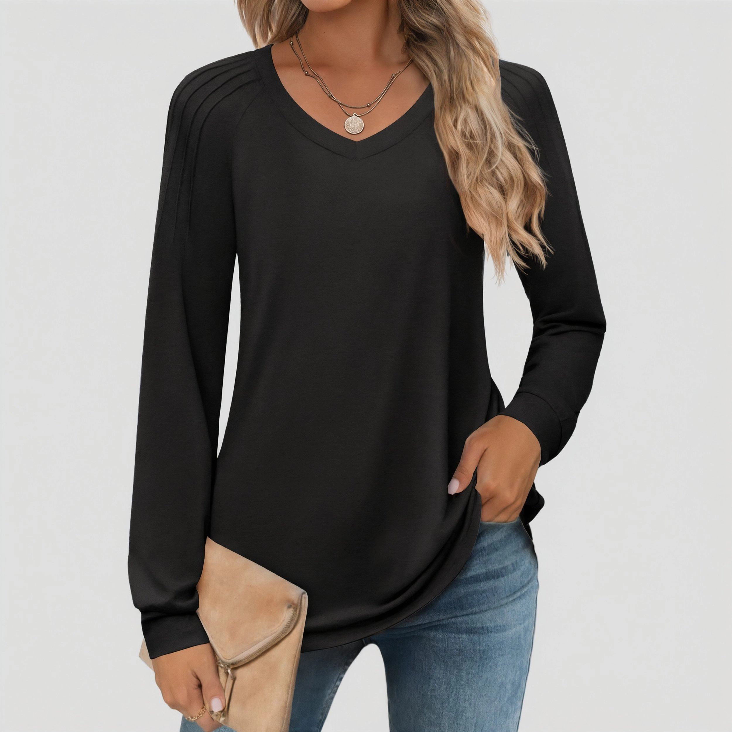 Zeagoo Women Pleated V Neck Tunic Top