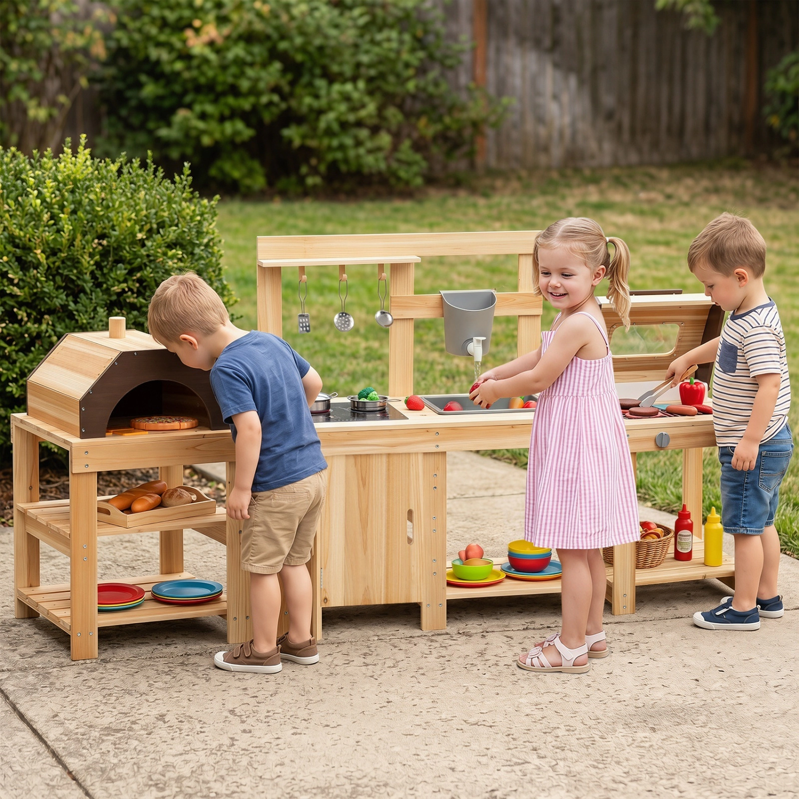 3-Piece Kids Outdoor Mud Kitchen Set with BBQ Grill Pizza Oven and Play Food 34-in x 16.5-in x 37-in Fir Wood