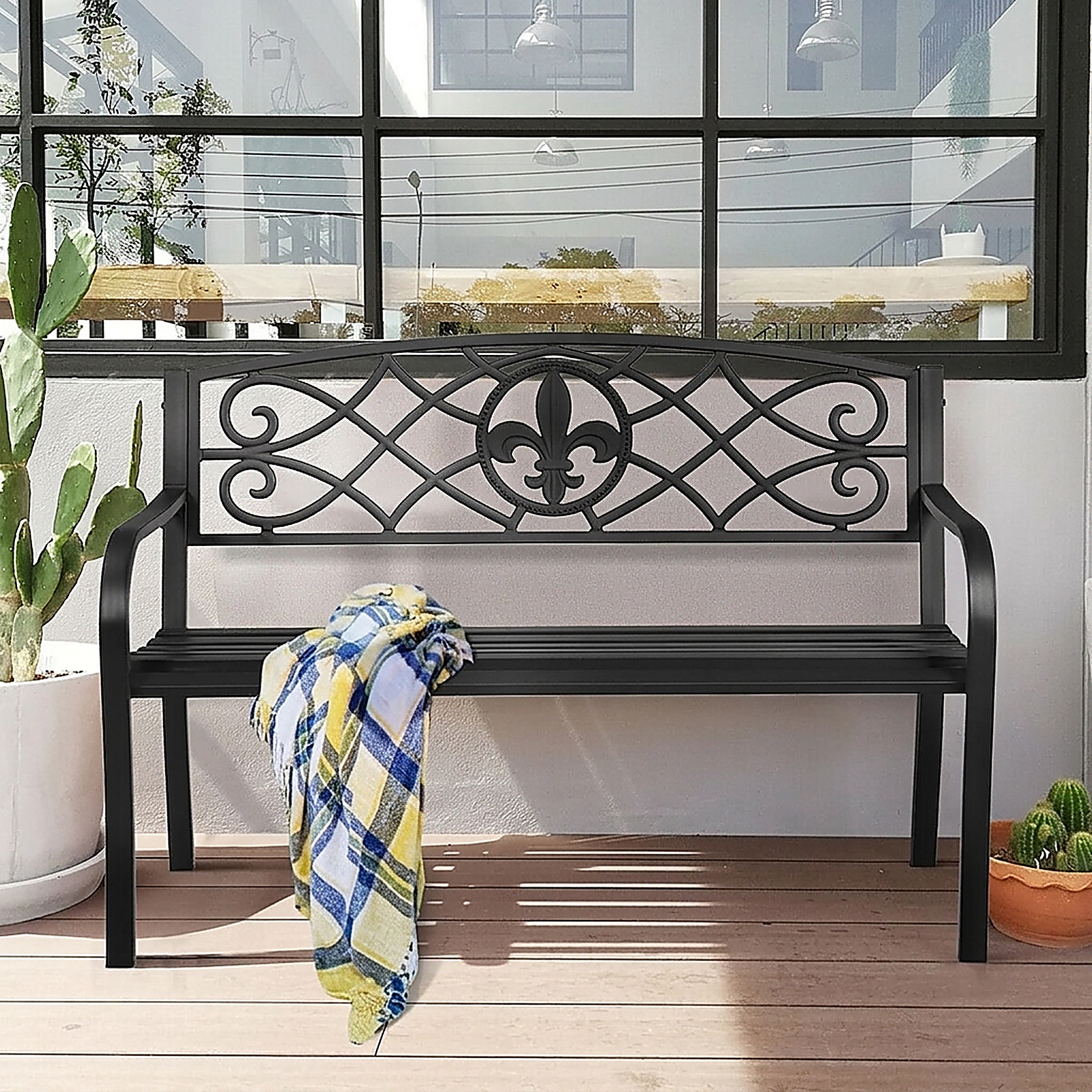 SUGIFT 50.5-in Black Powder-Coated Steel Outdoor Bench, 500-lb Capacity, Armrests