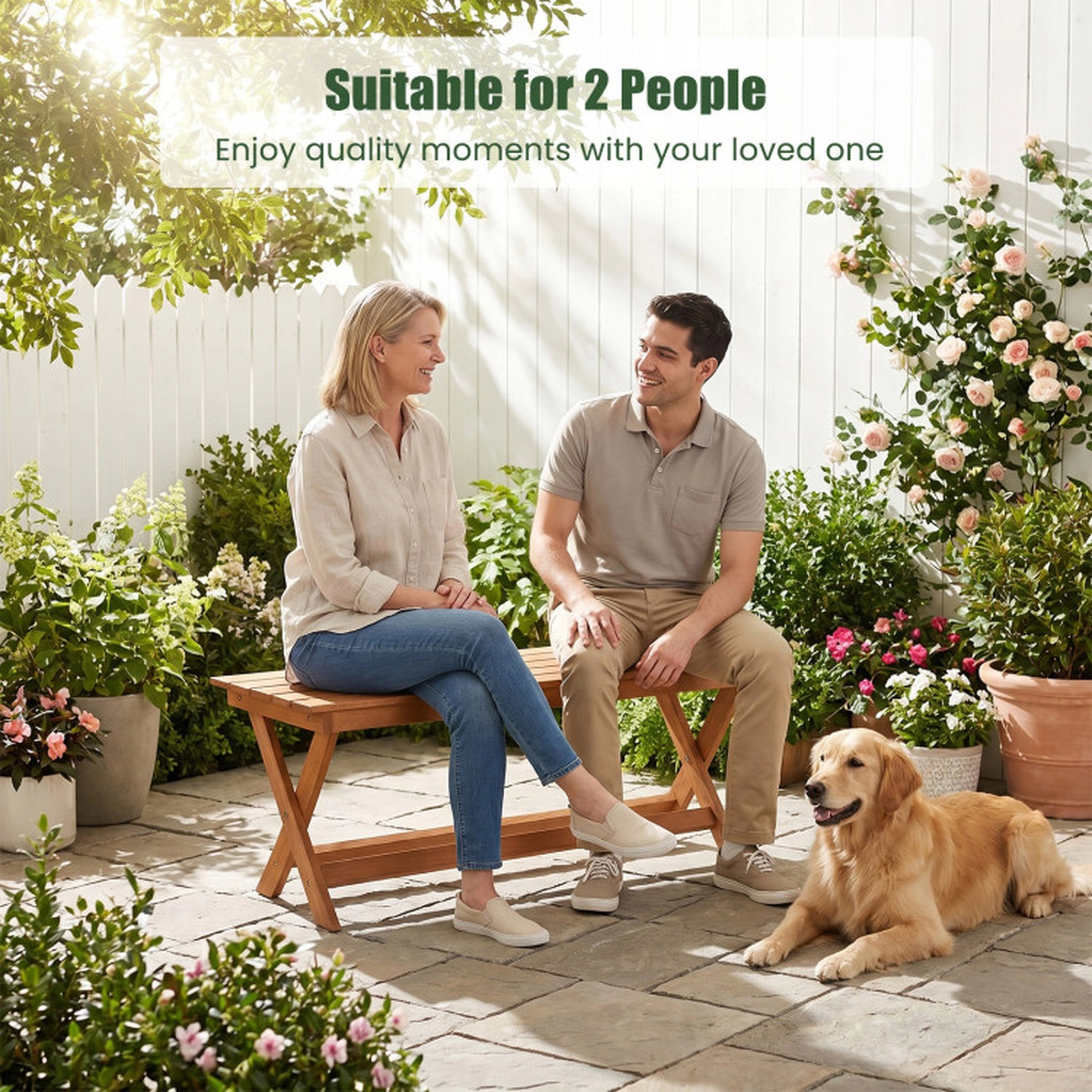 SUGIFT 2-Seat Wooden Garden Patio Bench with X-Shaped Legs 530-lb Capacity Backless Slatted Seat Natural