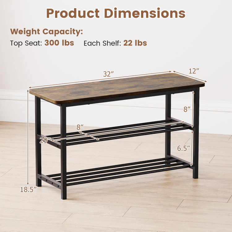 Hivvago 3-Tier Shoe Rack Shoe Bench with Metal Slat Shelves and Long Wooden Seat