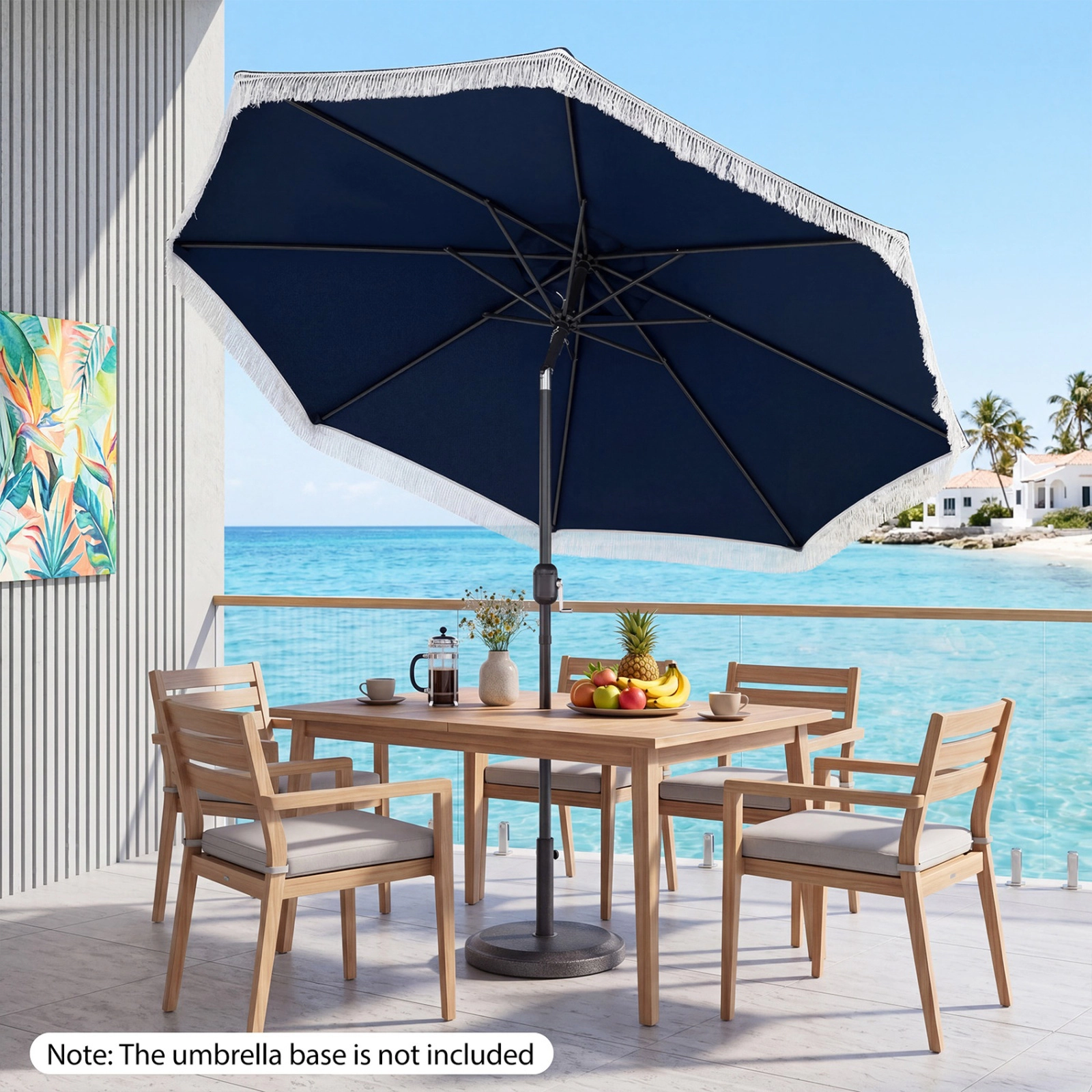 SUGIFT 9-ft Navy Patio Umbrella with Tassel Fringe Scalloped Canopy 25-Degree Tilt Safety Latch and 8 Ribs