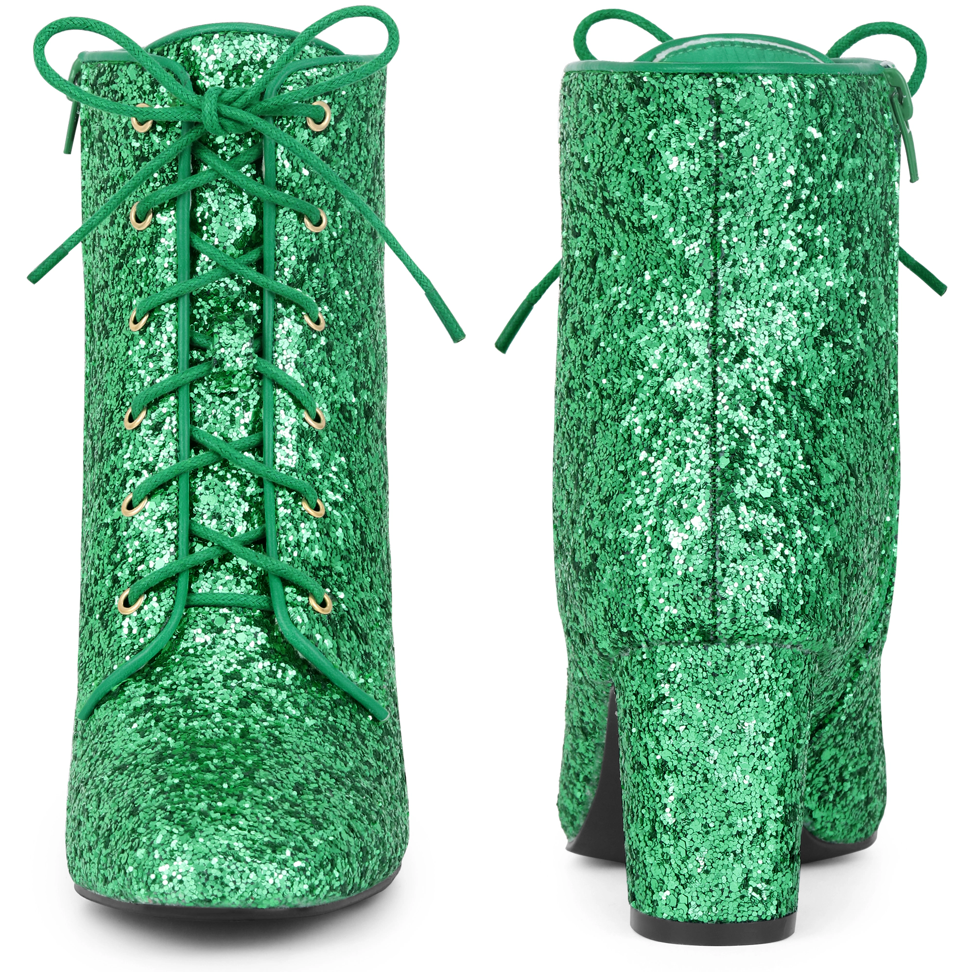 BLISSFUL STEP Women's Lace Up Square Toe Sparkly Glitter Block Heels Ankle Boots