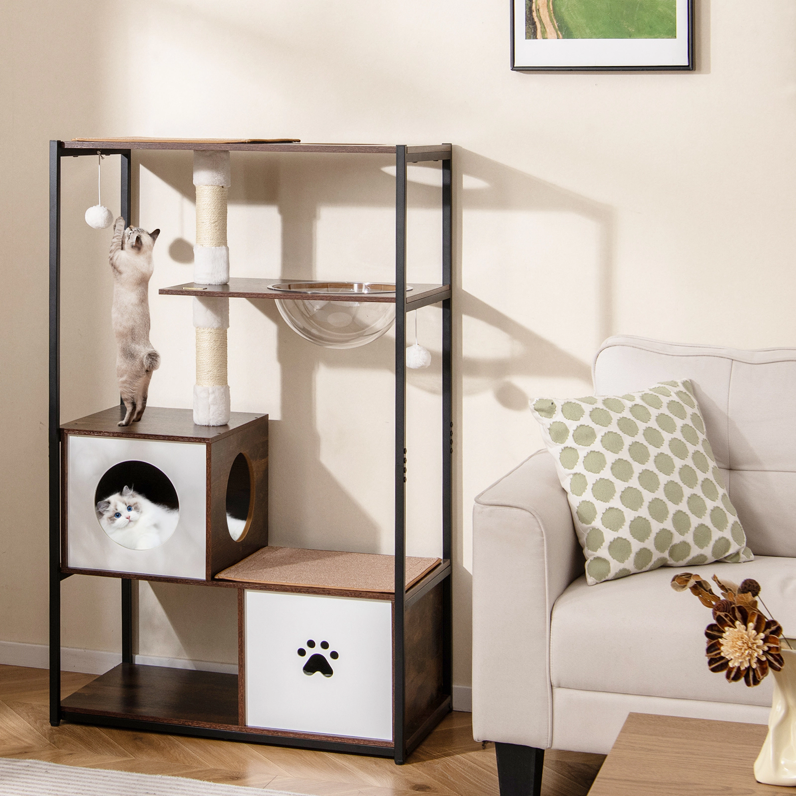 SUGIFT 52-in Coffee Wooden Cat Tree with Metal Frame 2 Condos Faux Rabbit Fur Cushions and Footpads