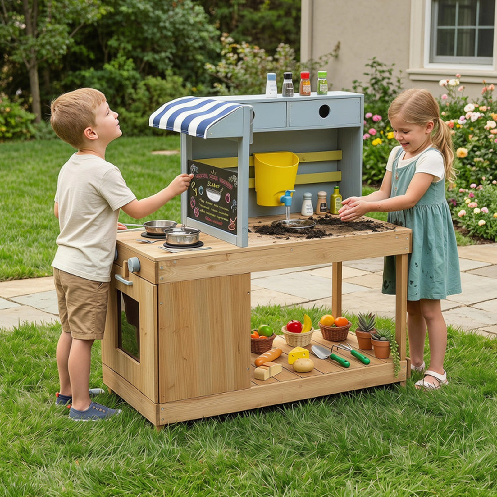 SUGIFT Fir Wood Kids Kitchen Playset with Canopy and Faucet 35-in Tall Mud Kitchen Ages 3+ Natural & Blue 8-Piece Set