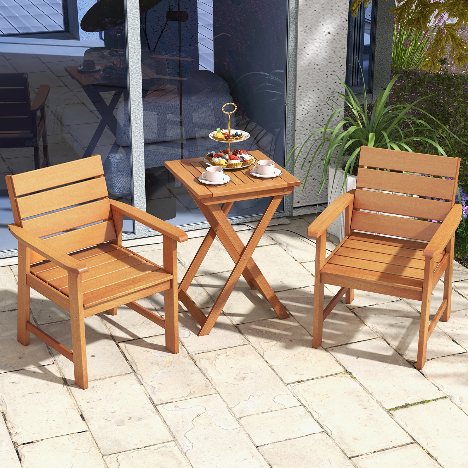 SUGIFT 2 Piece Patio Hardwood Chair Set with Slatted Seat and 102° Inclined Backrest 220-lb Capacity Natural