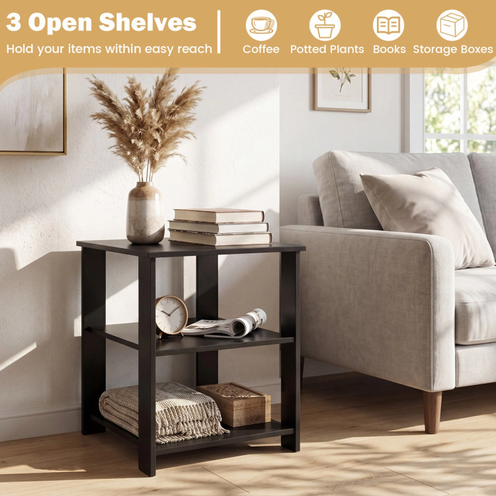 SUGIFT Open Shelves Set of 2 Black 3-Tier Modern Nightstands Square Side Tables
