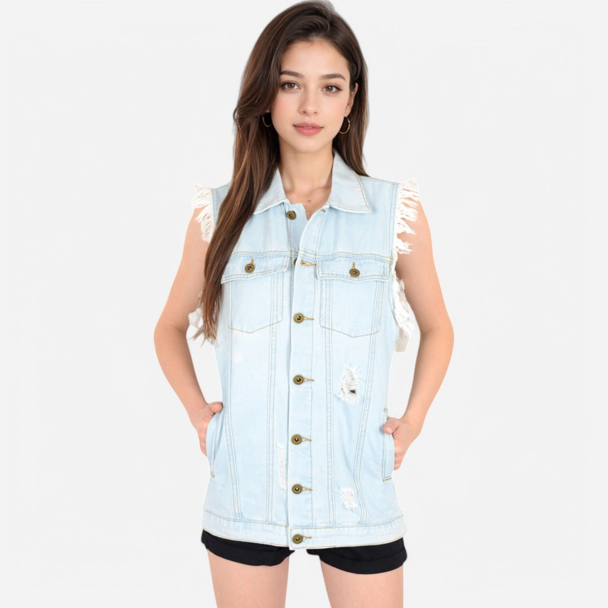 Anna-Kaci Women's Oversize Distressed Sleeveless Denim Vest