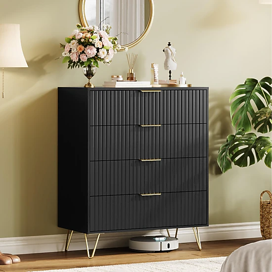 38" Tall Fluted 4 Drawer Dresser with Metal Handles, Modern Wood Storage Chest