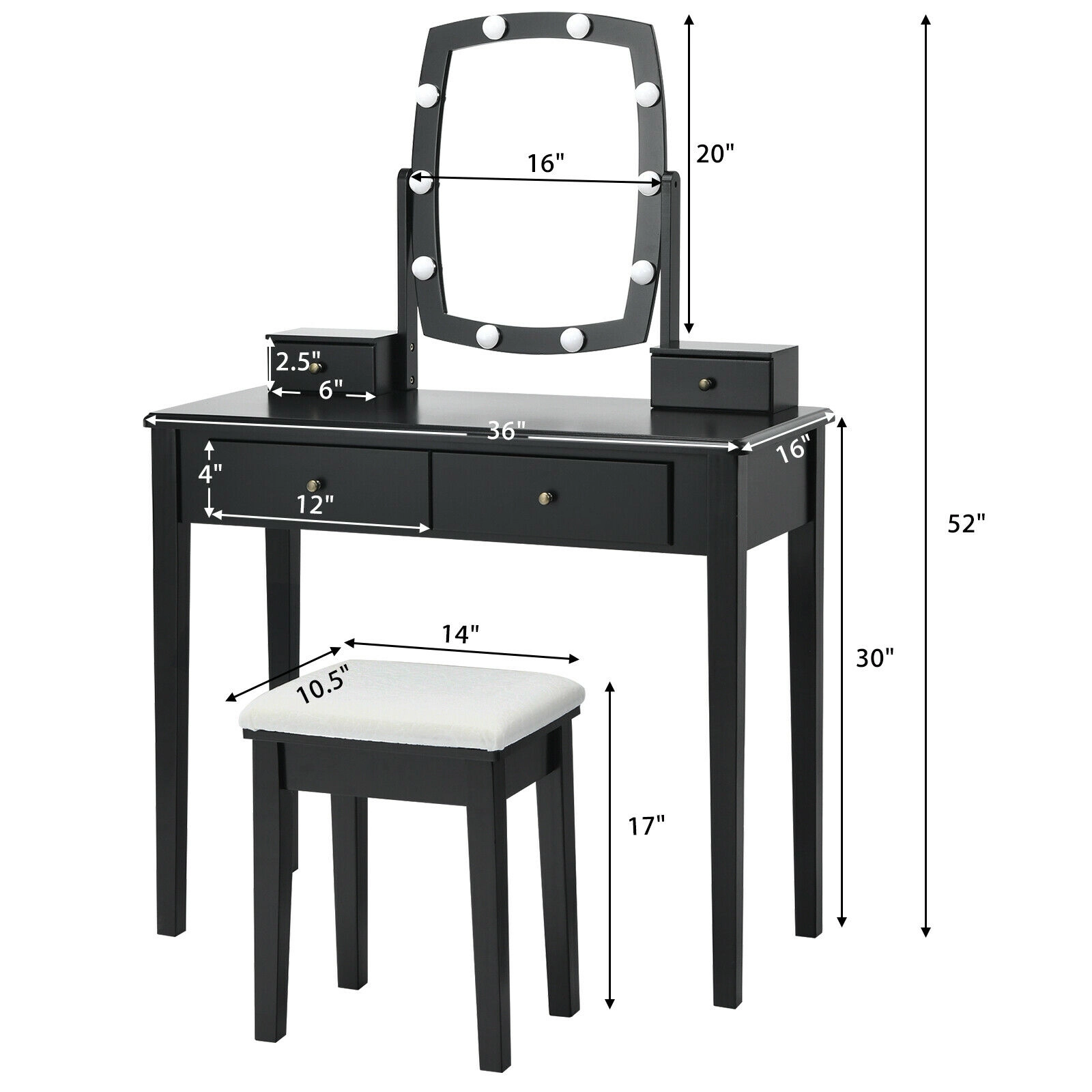 SUGIFT 4-Drawer Vanity Table Set with 360-Degree Lighted Mirror and Stool 110-lb Table 200-lb Stool Capacity Black