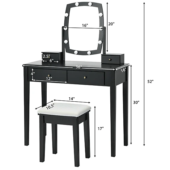 LJG Vanity Table Set with Lighted Mirror for Bedroom and Dressing Room