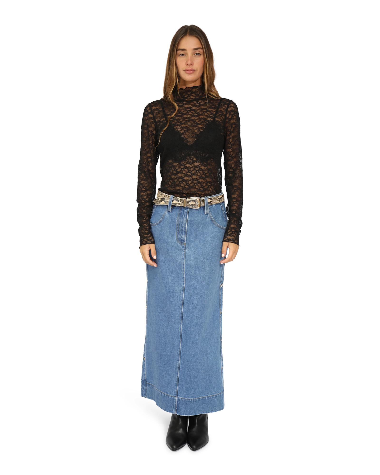 Belle & Bloom Edge Line Denim Maxi Skirt with Side Buttons