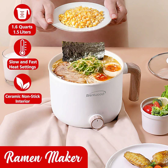 Brentwood 1.5Liter Multi-Function Electric Hot Pot Cooker in White with Ceramic Non-Stick Coating