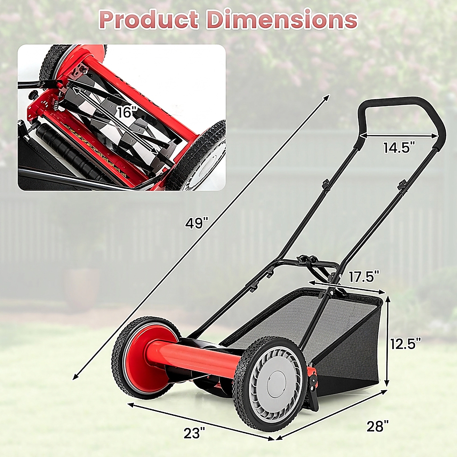 SUGIFT Red 16-in Manual Push Reel Lawn Mower with 5-Blade Cylinder 7-gal Bag and 10-in Non-Slip Wheels