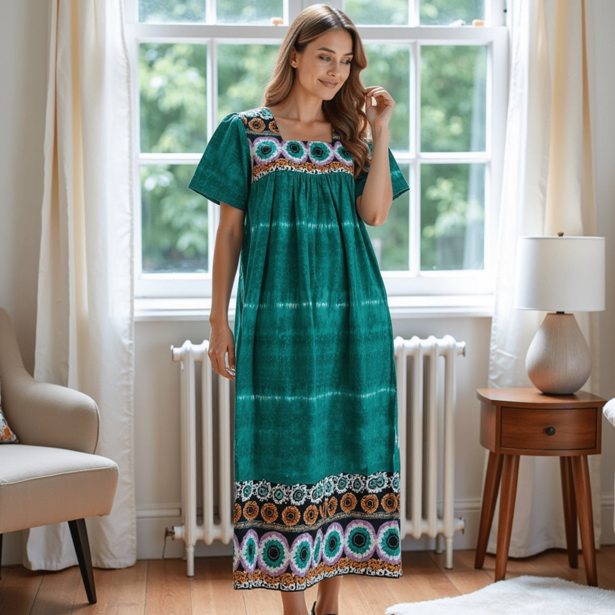 Loungees Border Print Cotton Lounge Dress House Caftan Square Neck Yoke Short Sleeve