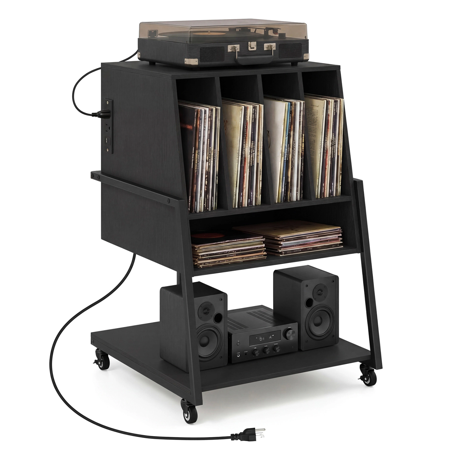 Glintex Rolling Record Player Stand with 4 Compartments and Dual Install Options