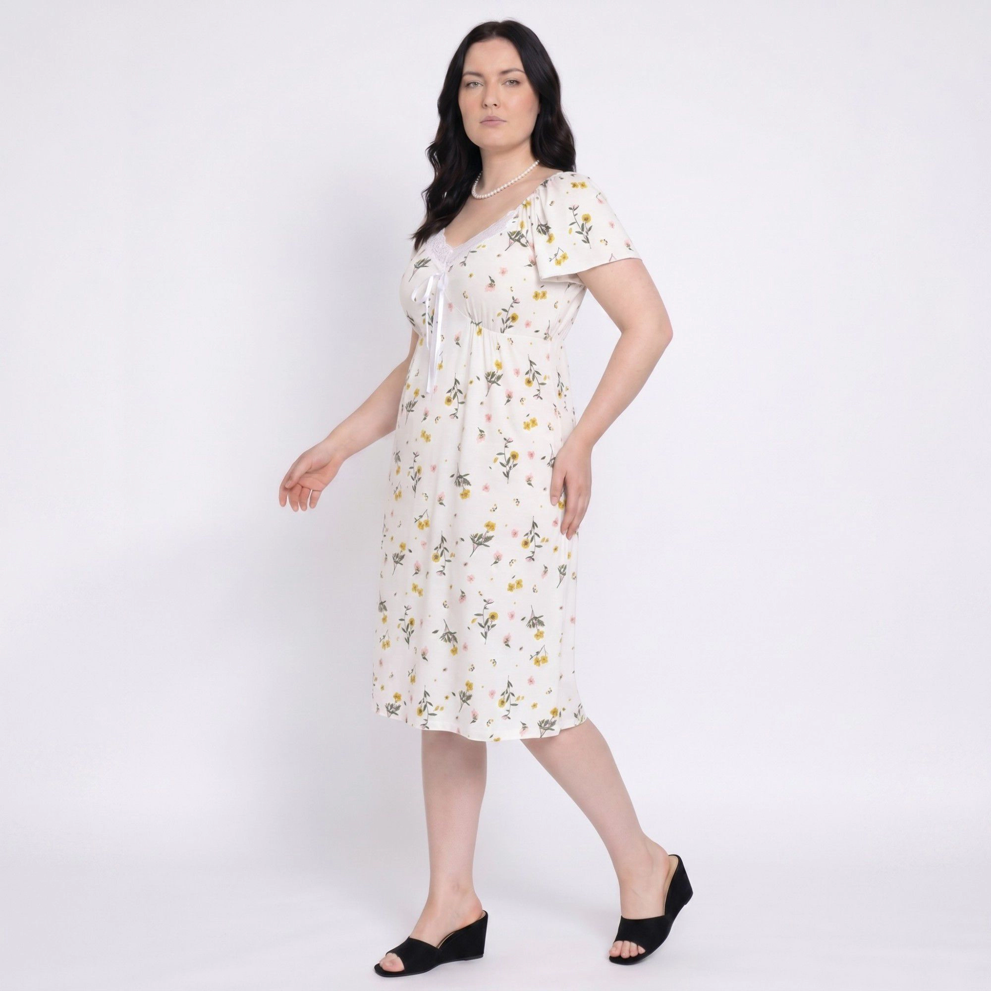Anna-Kaci Women's Floral Midi Nightgown Short Sleeve Lace Trim V-Neck Tie Front Sleep Dress