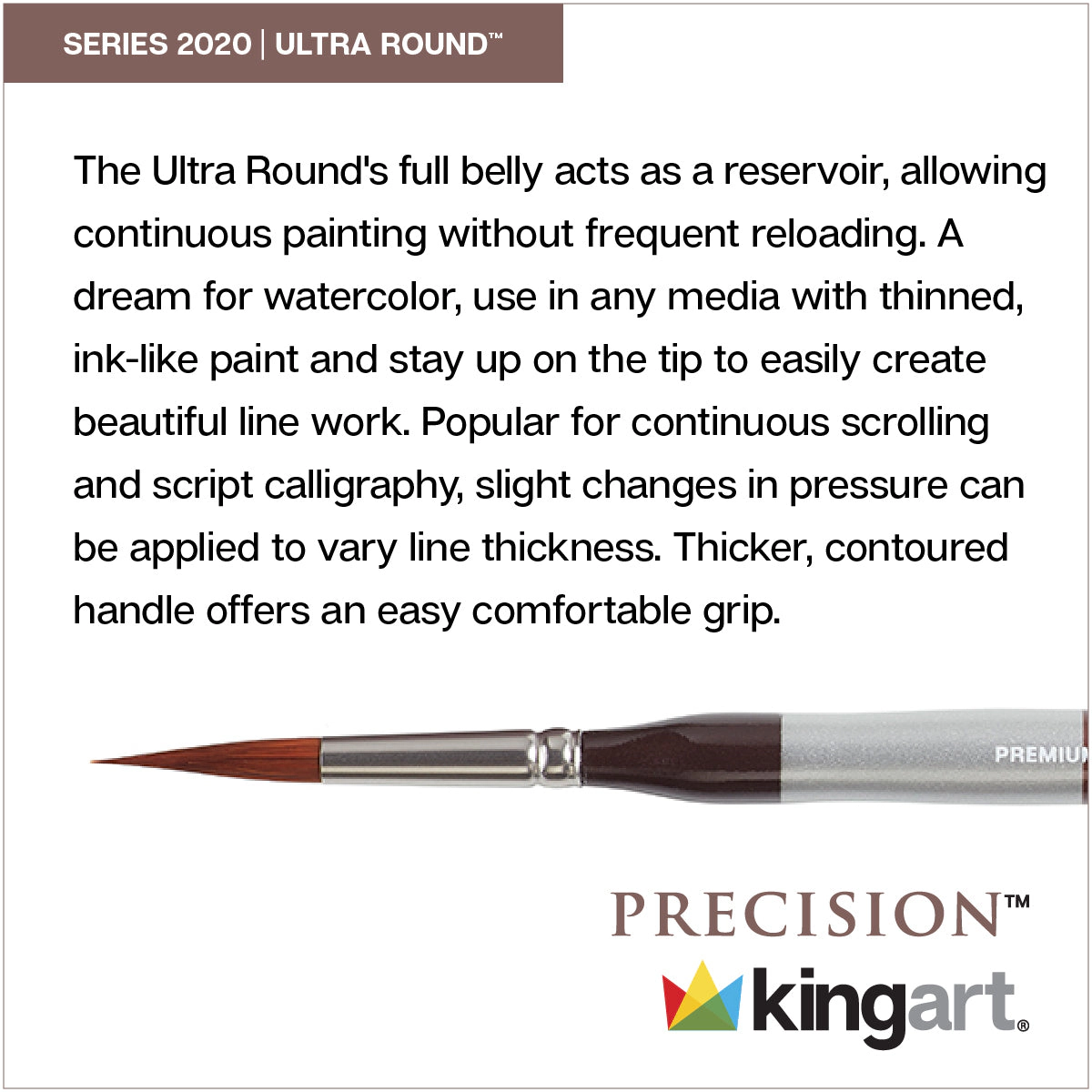 KINGART Precision 2020 Ultra Round Brushes - Amber Taklon, Ergonomic Short Handle