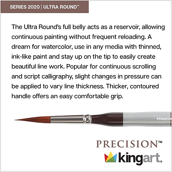 KINGART Precision 2020 Ultra Round Brushes - Amber Taklon, Ergonomic Short Handle