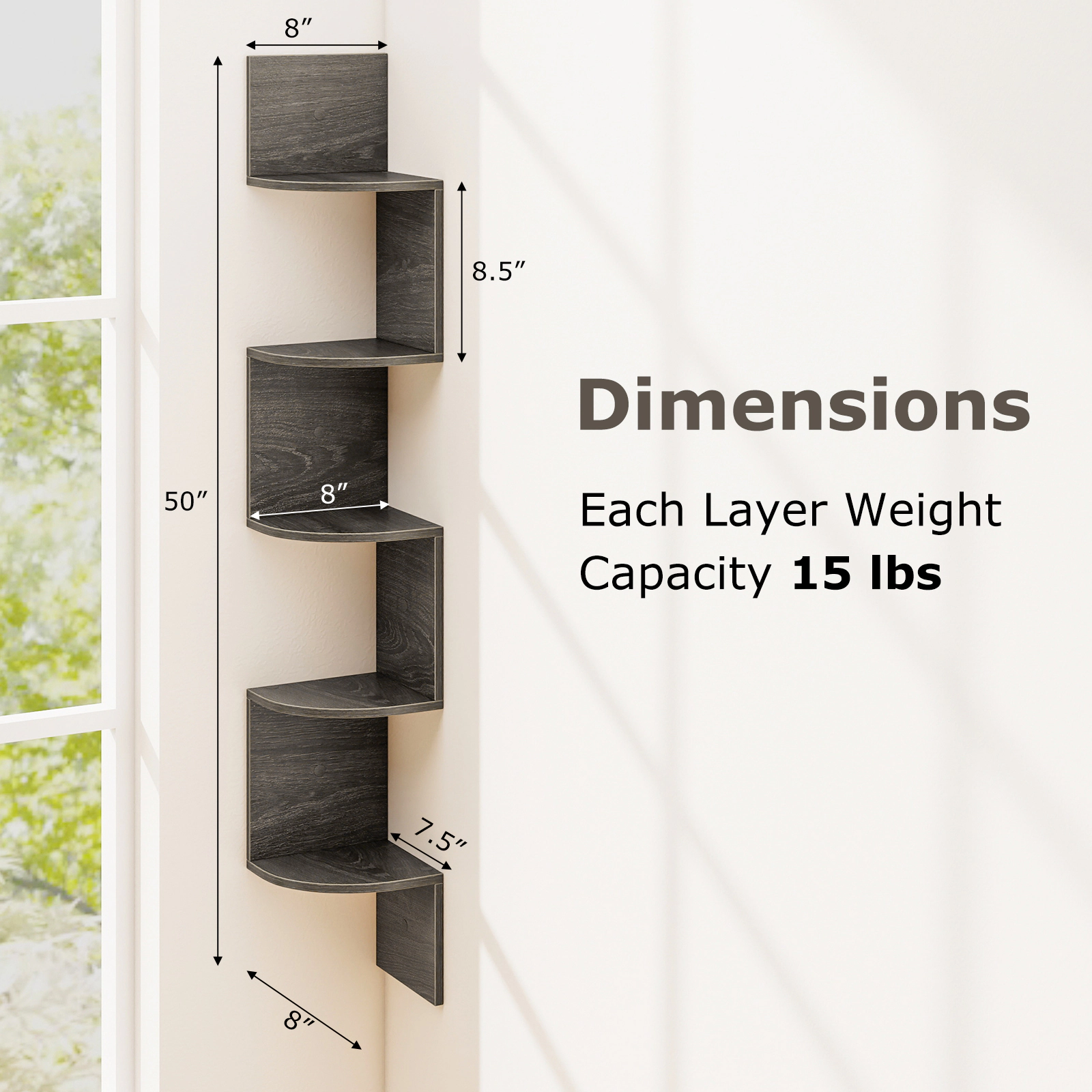 SUGIFT 5-Tier French Oak 50-in Wall Mounted Floating Corner Bookshelf with 6 Mounting Kits and 15-lb Tiers