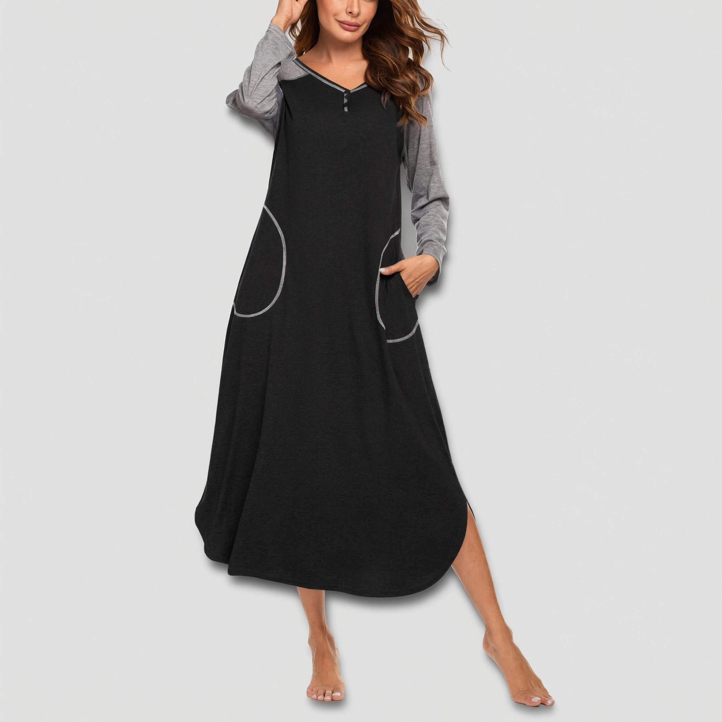 Ekouaer Women's Nightgown V-Neck Loungewear Long Sleeve Sleepwear Full Length for Women
