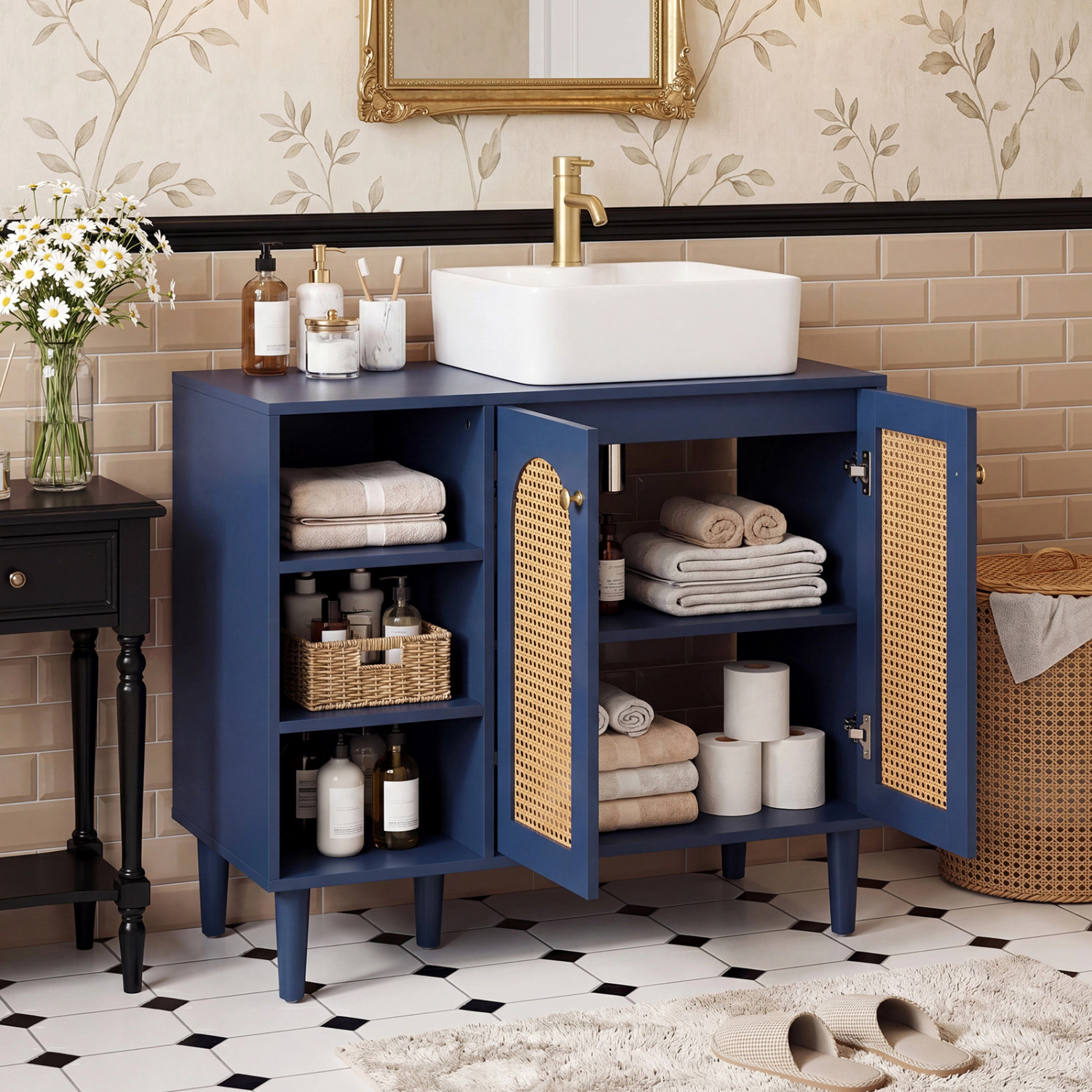 Slickblue 36 Inch Under Sink Bathroom Vanity Cabinet Navy Rattan Style 2-Door Storage
