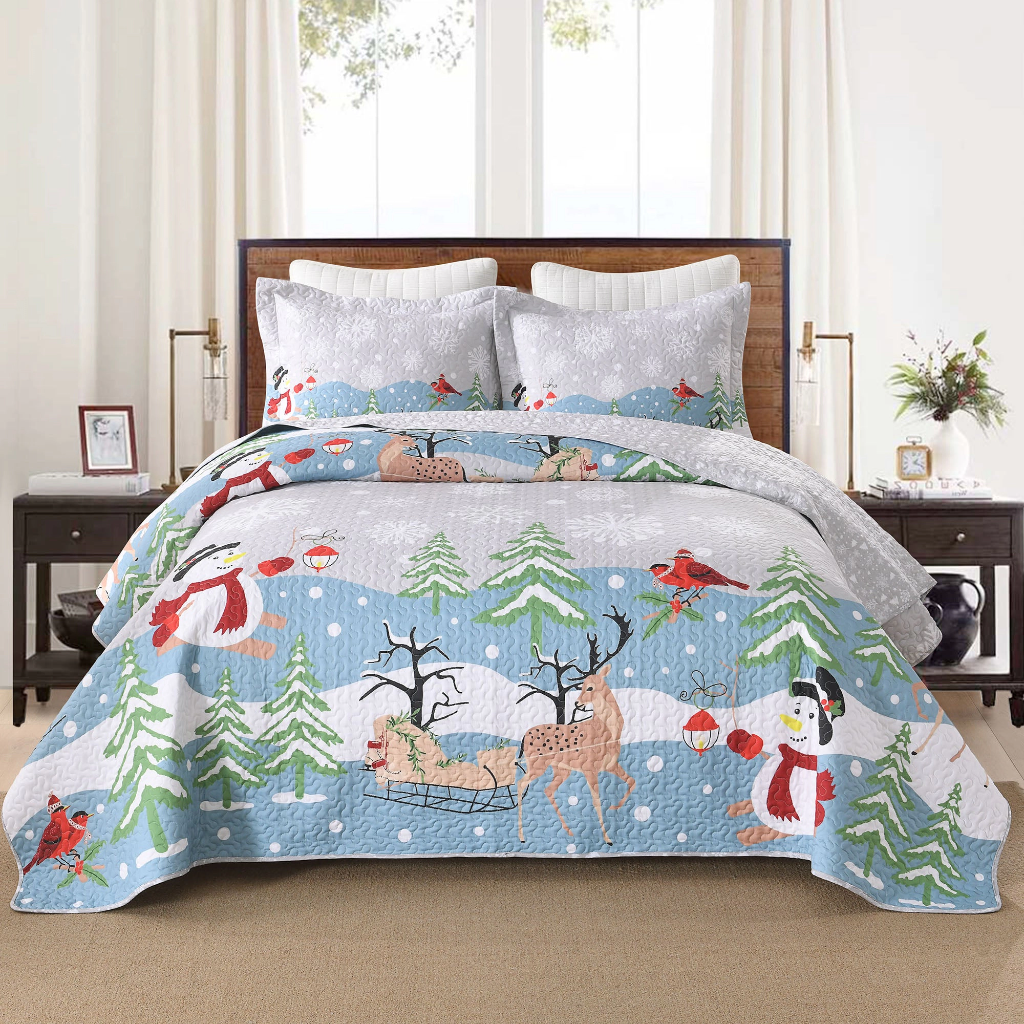 MarCielo 3 Pieces Reversible Winter Wonderland Christmas Quilt Bedspread Set