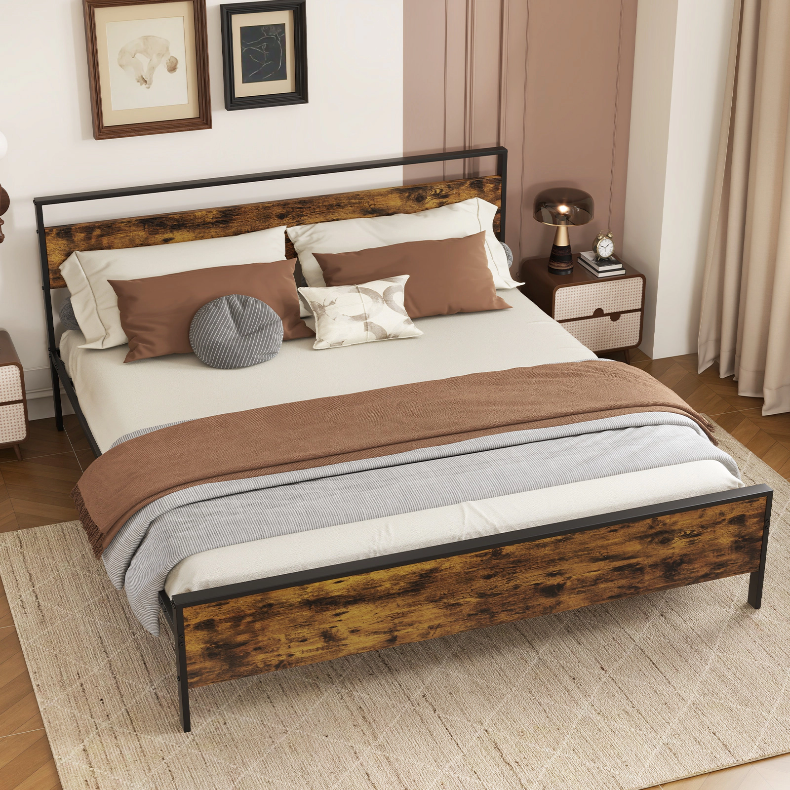 SUGIFT King Industrial Metal Platform Bed with Rustic Wood Panel Headboard, 1100-lb Capacity