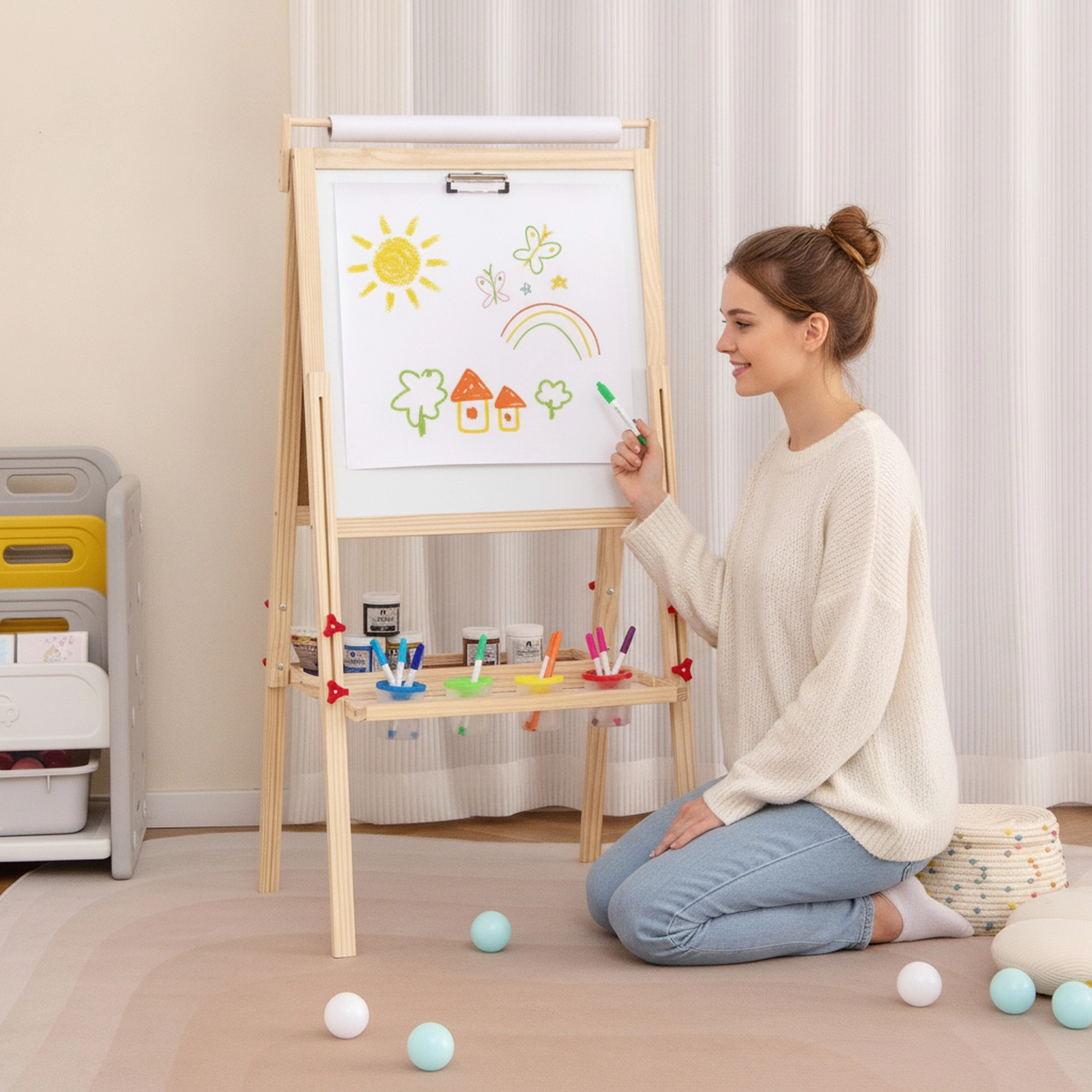 Height Adjustable Double-Sided Toddler Art Easel Kids 3 to 10 with 4 Paint Cups 19.5-in Board 17.5-in Paper Roll