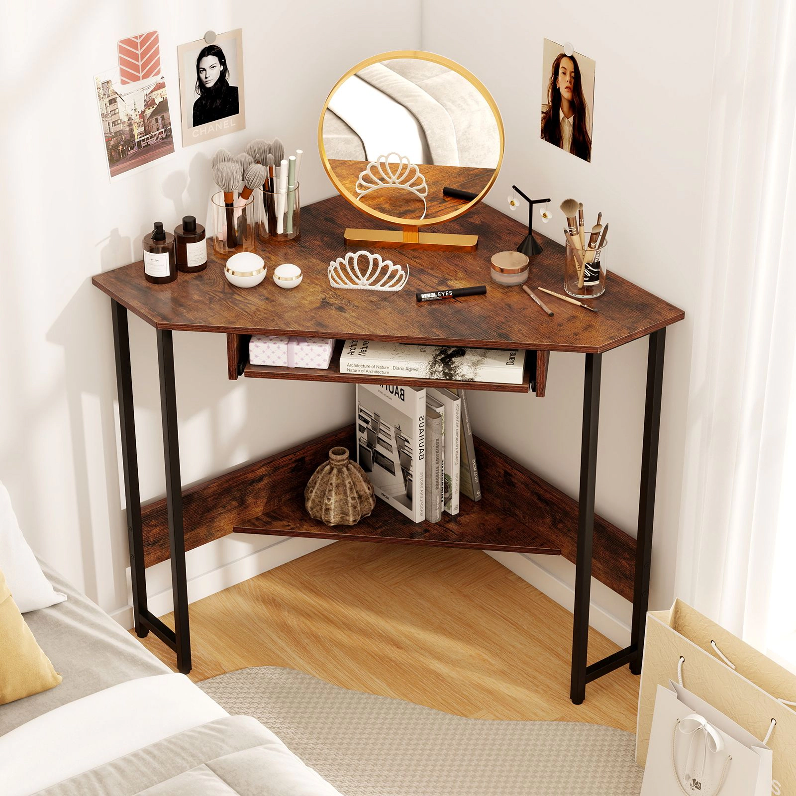 SlickBlue Corner Computer Desk with Keyboard Tray and Storage Shelf