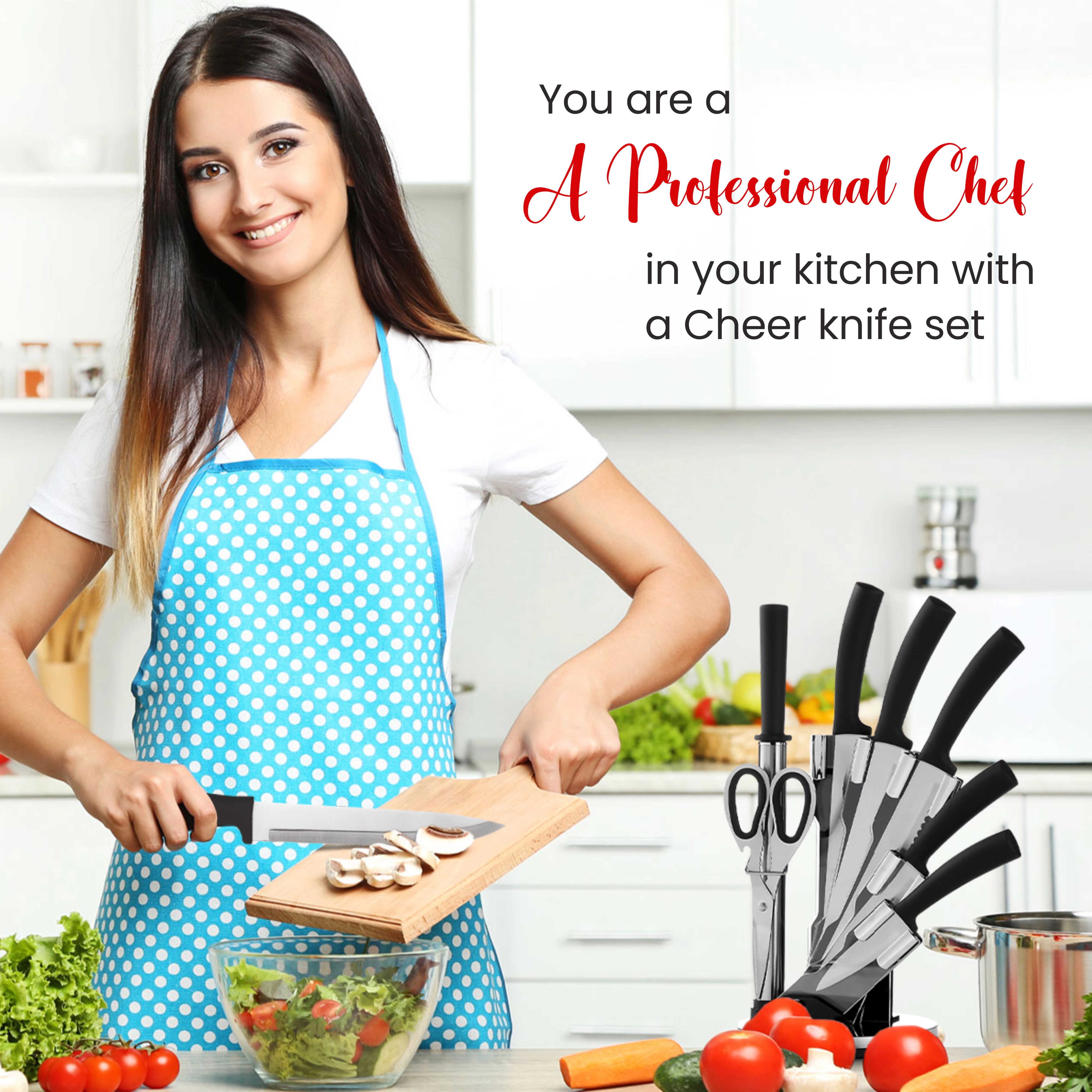 Cheer Collection Chef Knife Set (7 Piece) with Rotating Stand - Sharp Serrated