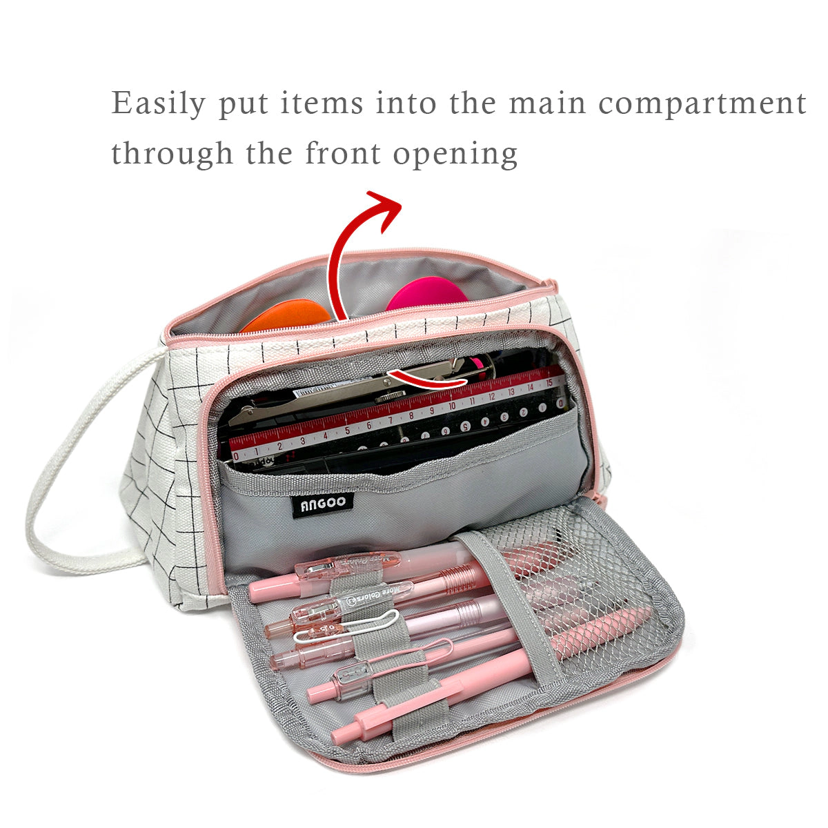 Wrapables Large Capacity Portable Pencil Pouch for Office Supplies, Pink & White