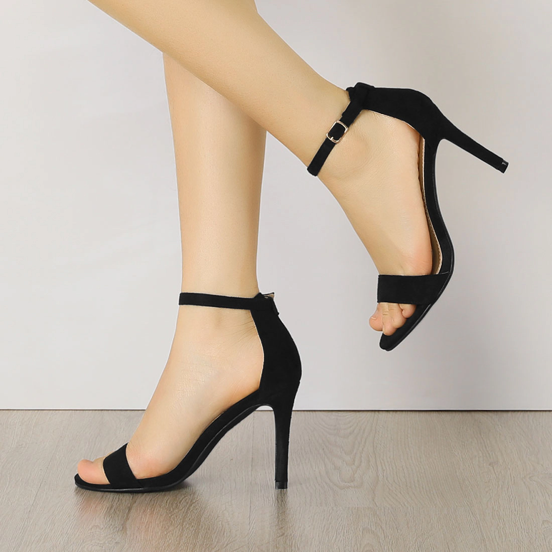 BLISSFUL STEP Women's Suede Ankle Strap High Stiletto Heel Open Toe Sandals