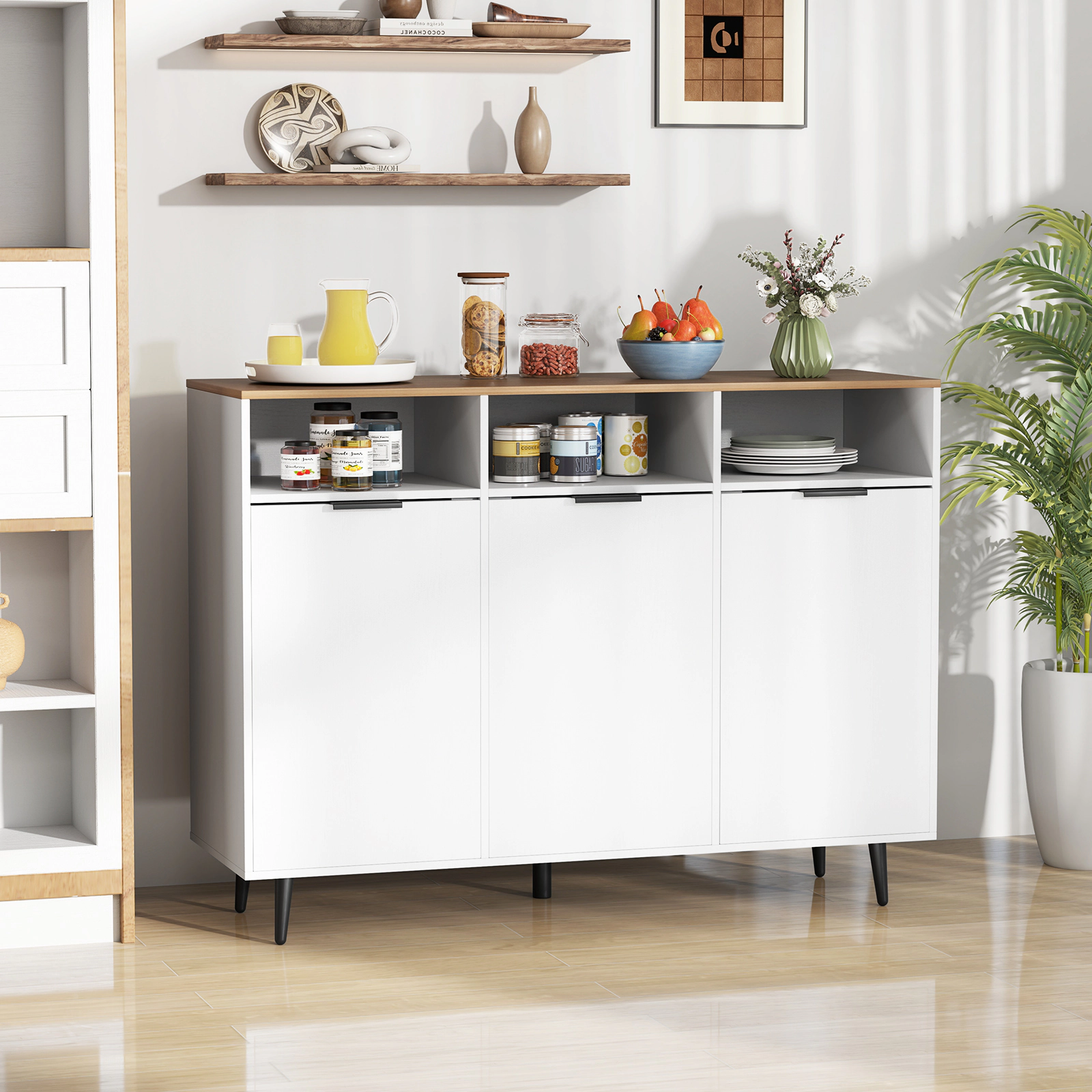 SUGIFT 47-in 350-lb Overall 155-lb Top White Sideboard Buffet Cabinet with 3 Open Compartments and 3 Doors