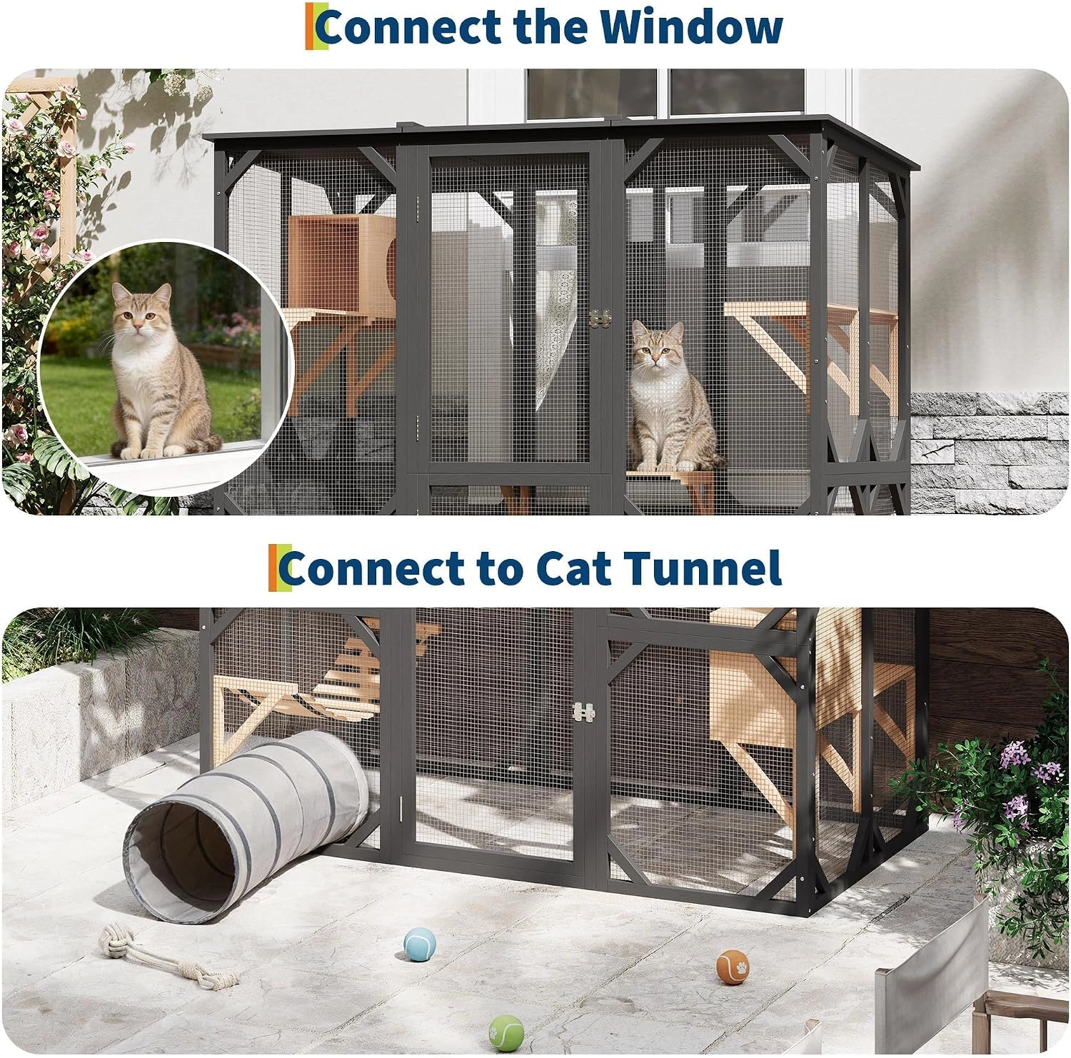 173x92.4x177cm Large Outdoor Wooden Catio Enclosure, Walk-In Cat Cage with Platforms, Black