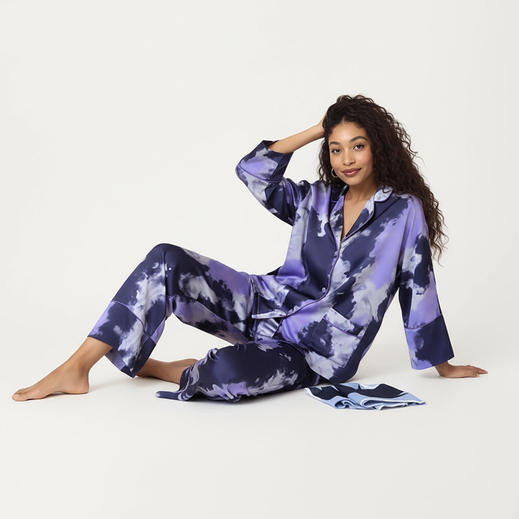Anna-Kaci Women's Satin Pajama Set with Cloud Print Long Sleeve Button Top and Wide Leg Pants