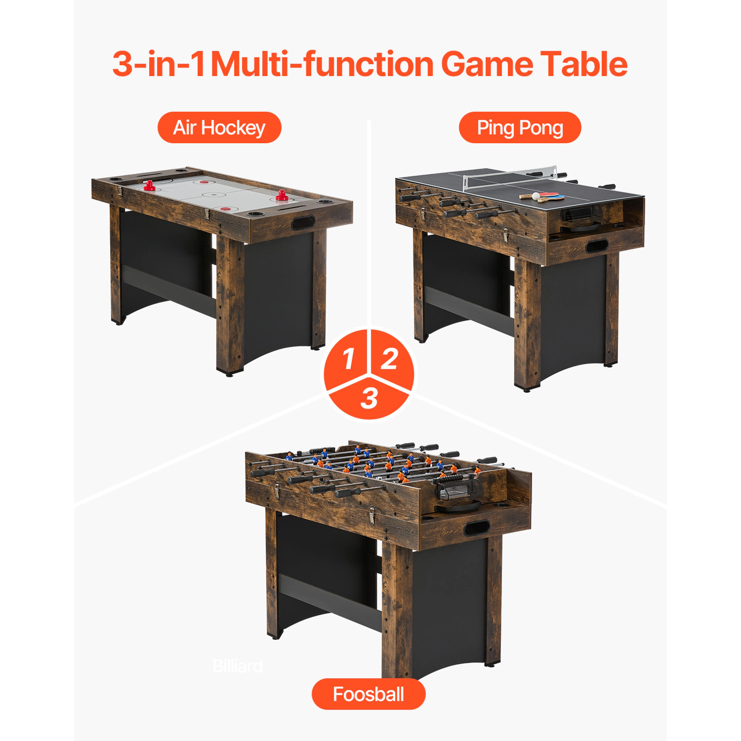 HONGGE 54-Inch 3-in-1 Combo Game Table, Air Hockey, Foosball and Ping Pong with Pushers and Pucks for Family Game Room