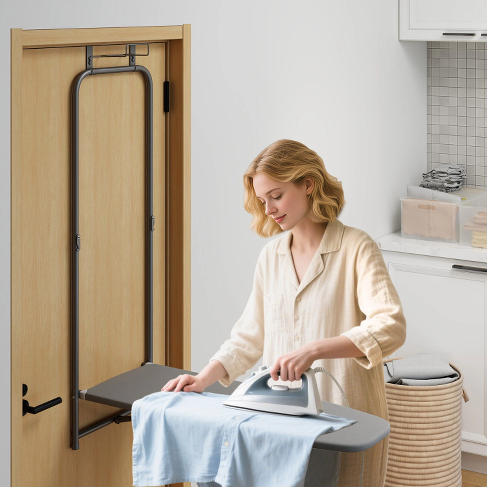 SUGIFT Gray Over the Door Folding Ironing Board with 42-in x 14.5-in Surface Iron Holder and Metal Frame