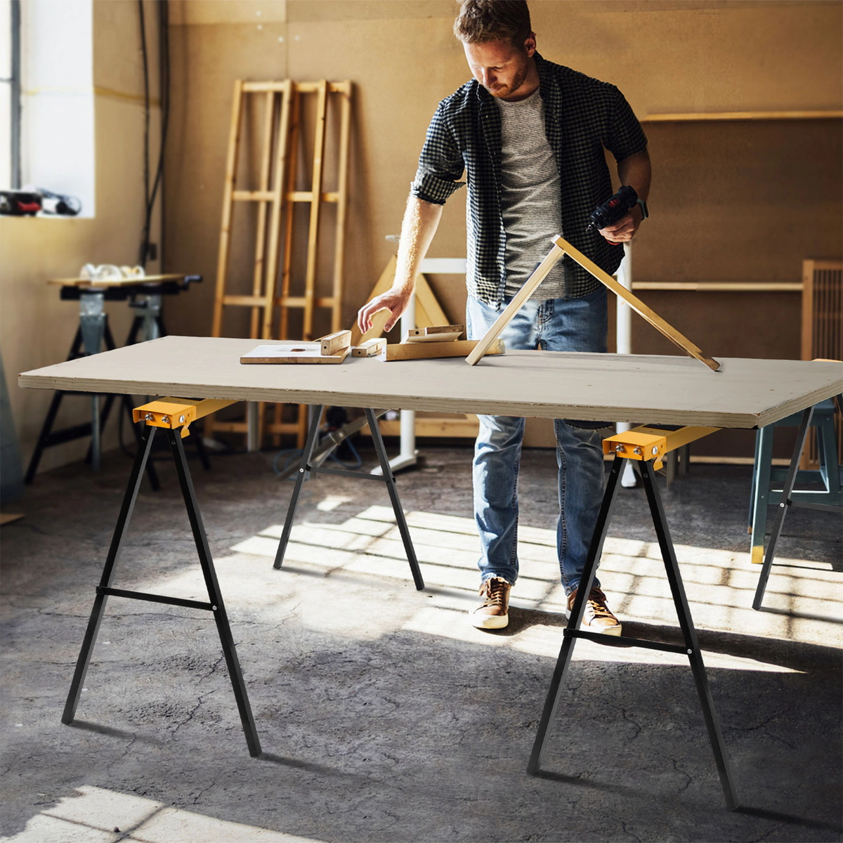 SUGIFT Heavy Duty Steel Folding Sawhorse 275-lb Capacity Each 39-in Long 2-Pack Black and Yellow