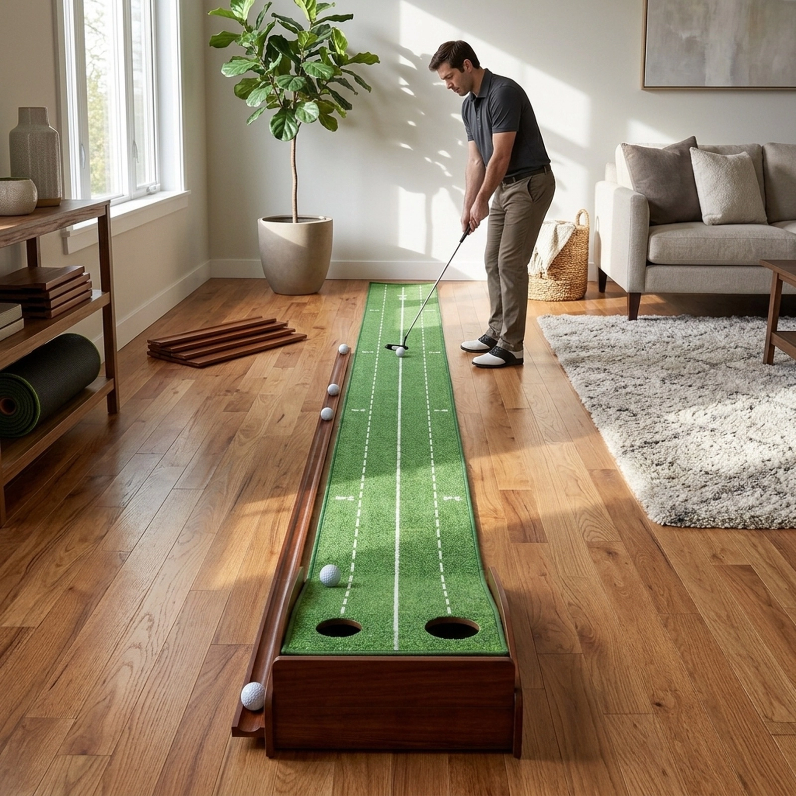 Golf Putting Mat with Auto Ball Return 3 Hole Sizes Sloped Approach Distance Scale Marks 10-ft Indoor Nylon