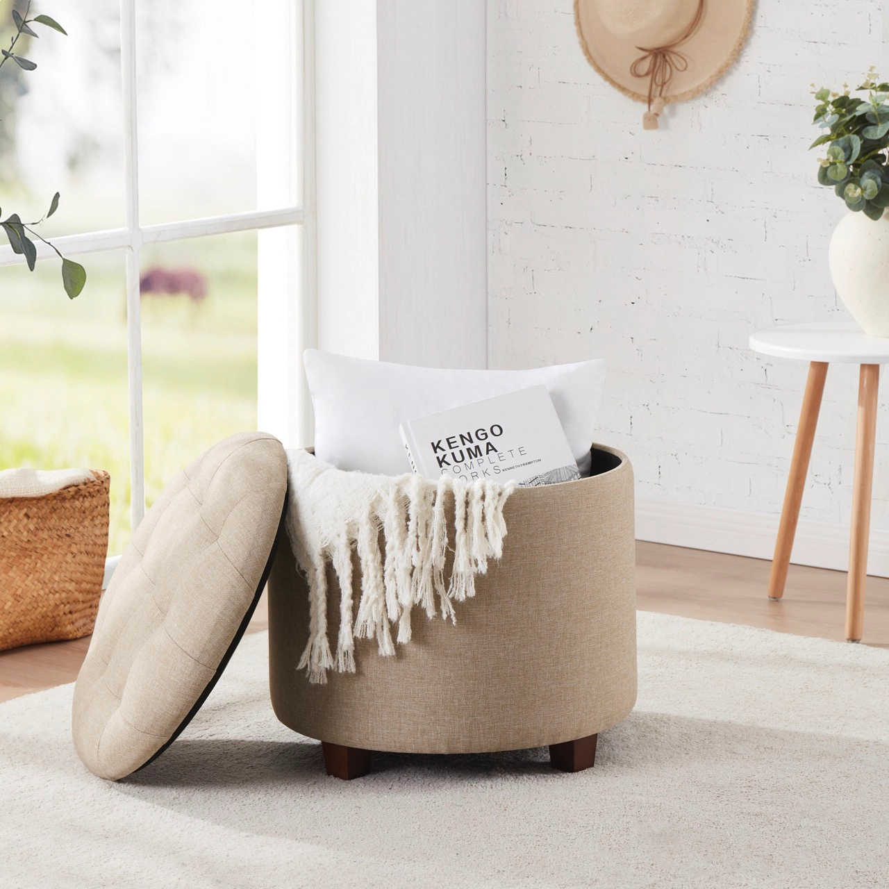 Ornavo Home Linen Upholstered Round Tufted Storage Ottoman with Wooden Legs