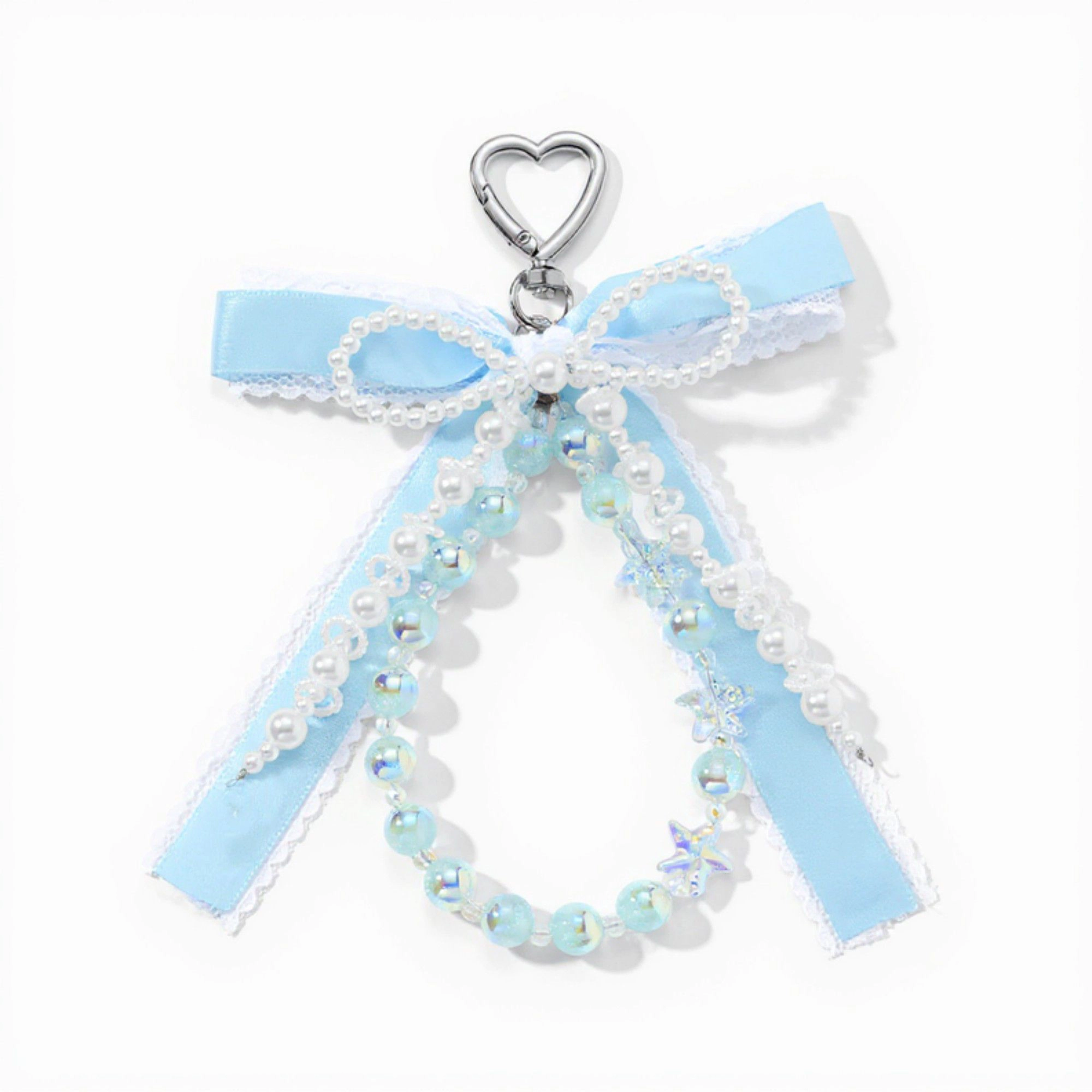 Alilang Women's Blue Ribbon Keychain with Pearl Bow and Iridescent Beaded Star Charms