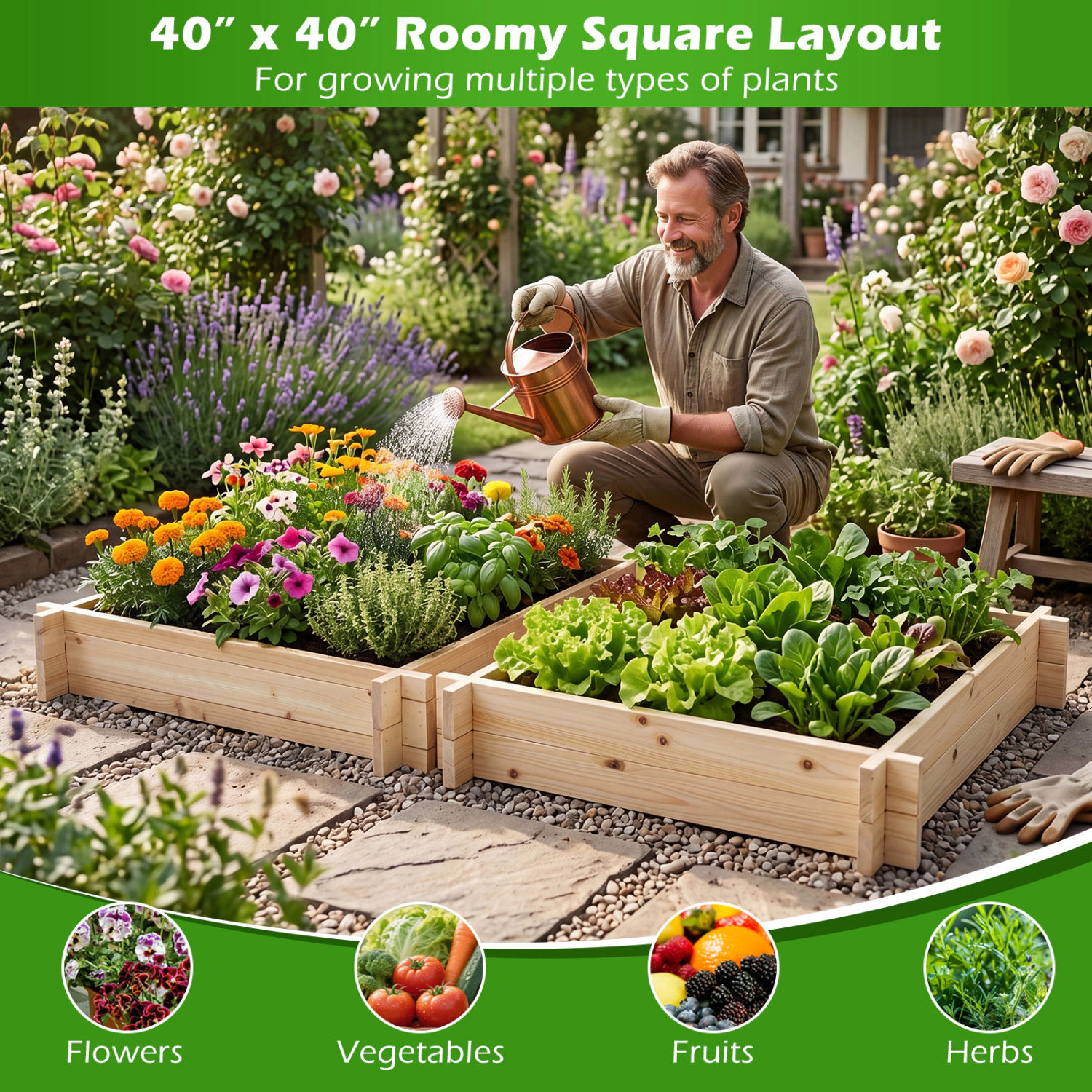 LJG 39.5" x 39.5" Square Wooden Raised Garden Bed
