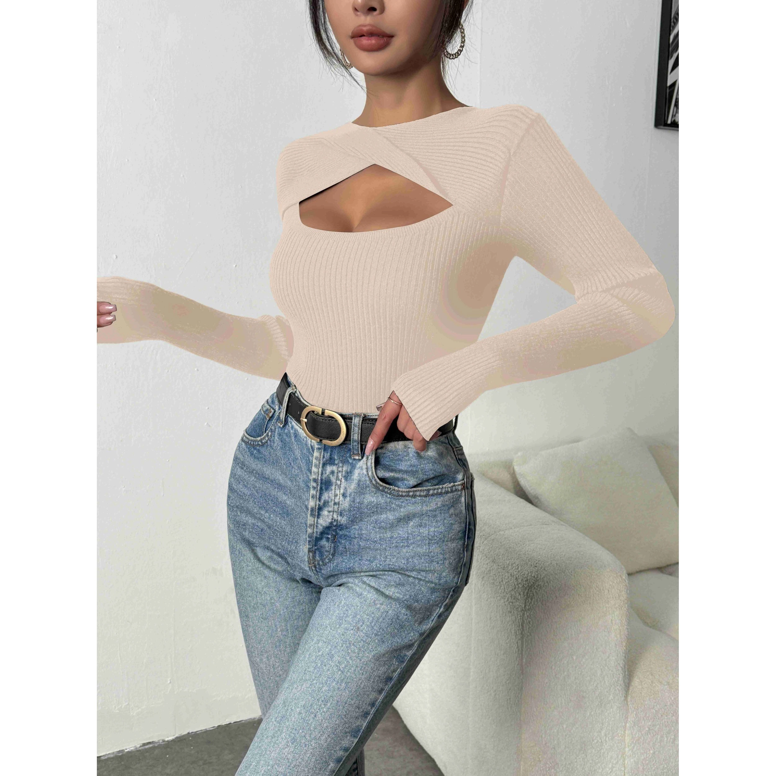 Zeagoo Women's Knit Long Sleeve Slim Fit Cutout Pullover