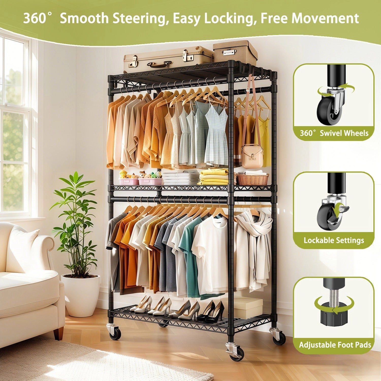 GBruno Heavy Duty Rolling Clothes Rack With Shelves