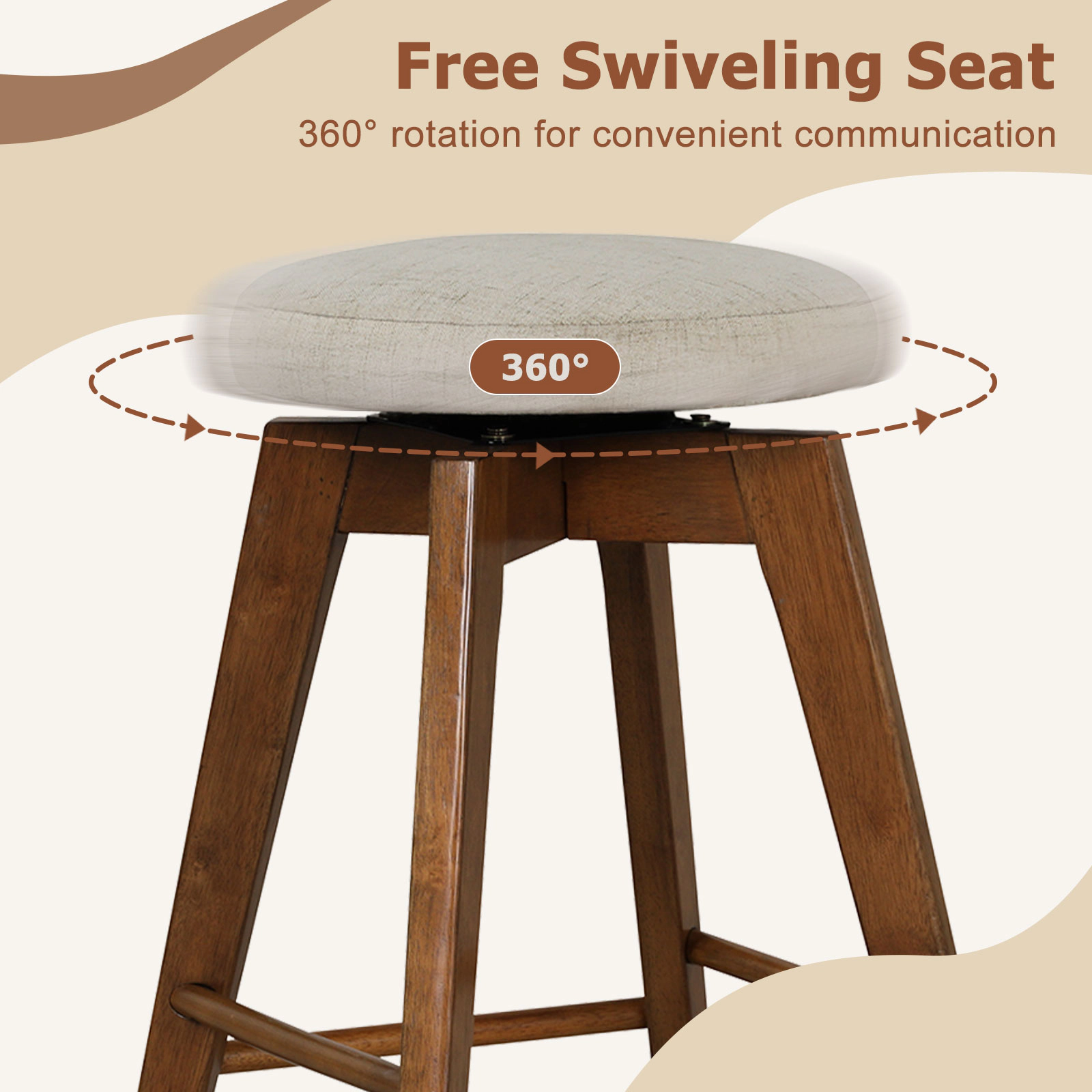 Glintex 2-Piece 26-Inch Backless Swivel Counter Stool Set with Linen Seat, Beige + Brown